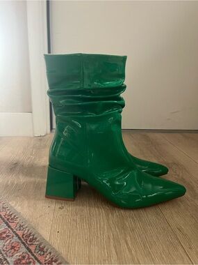 Mid-Calf Green Patent Block Heel Boots for Women